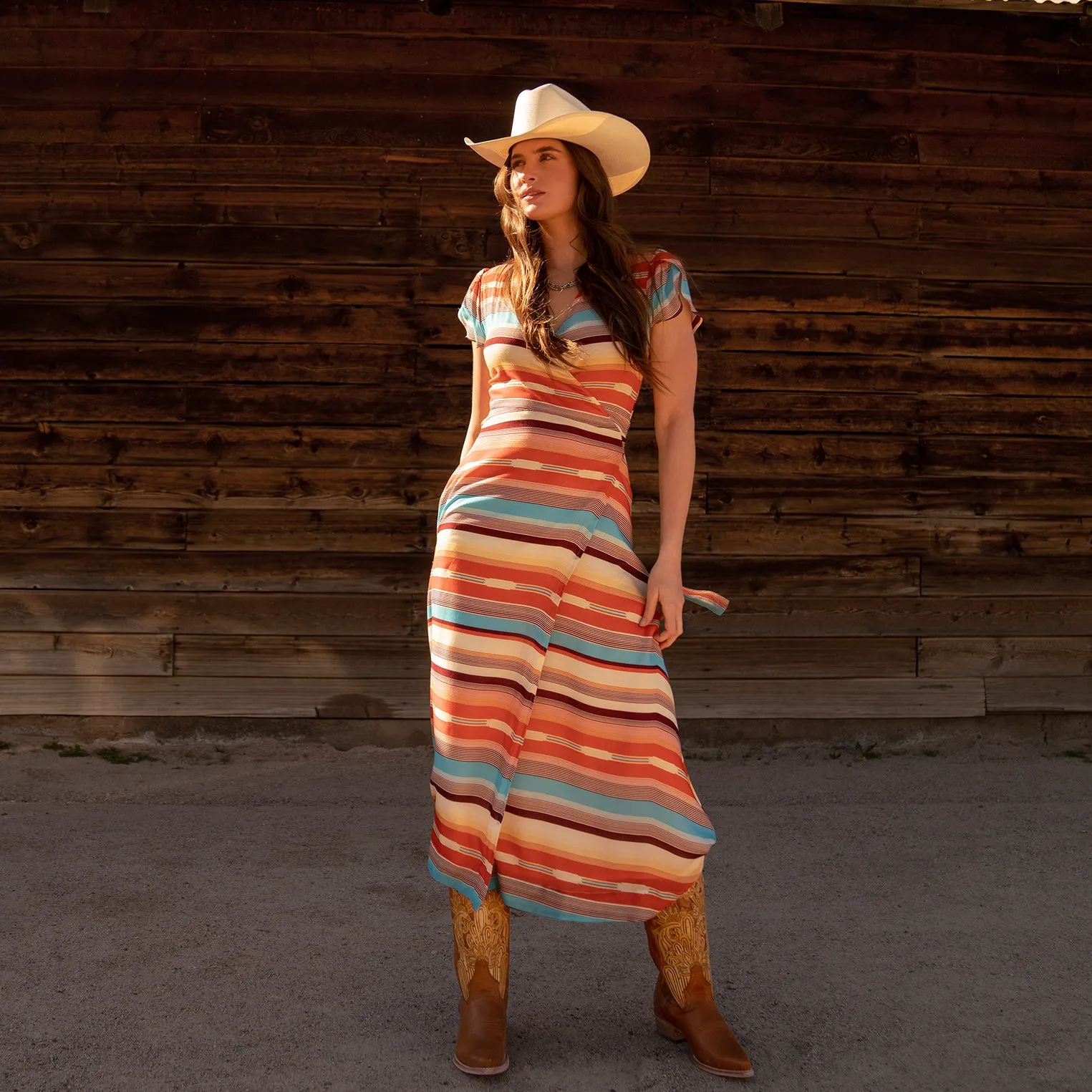 Sunset Serape Print Rayon Herringbone Wrap Front Dress