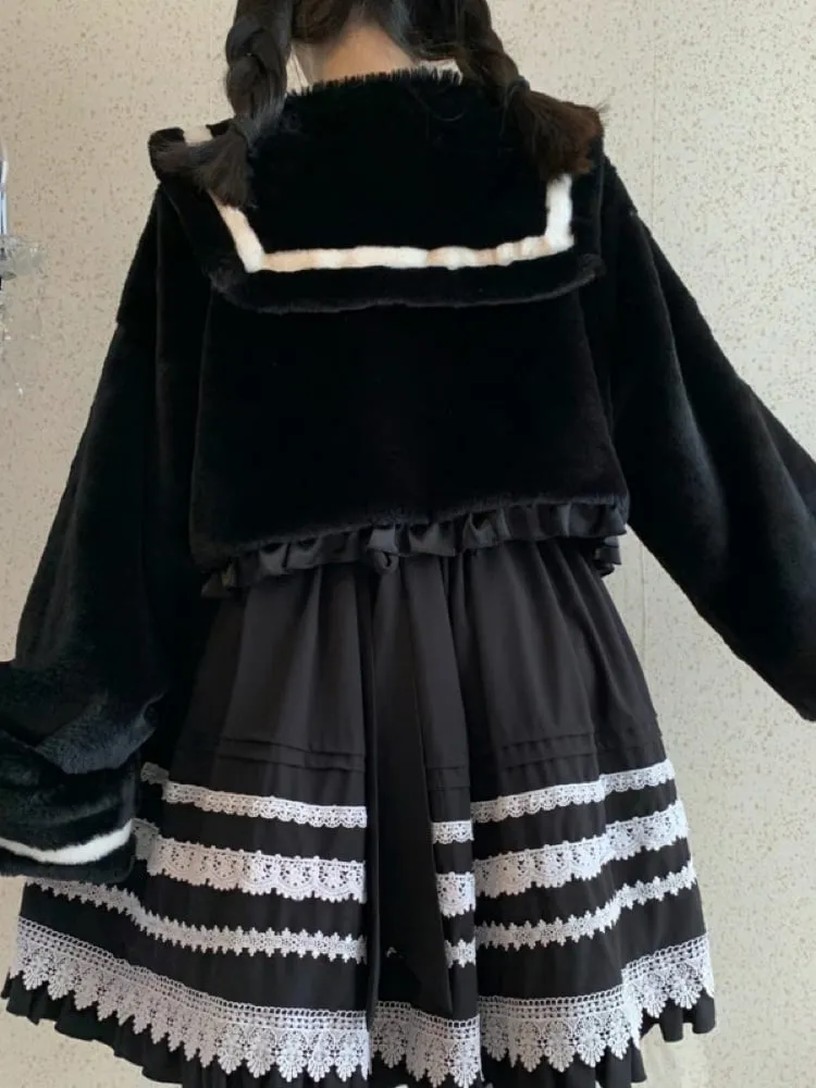 Sweet Sakura Lolita Pink & Black Navy Collar Plush Jacket Coat