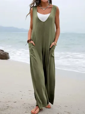 Sweetkama Ladies Two Shoulder Overalls Solid Daily Jumpsuit Olive