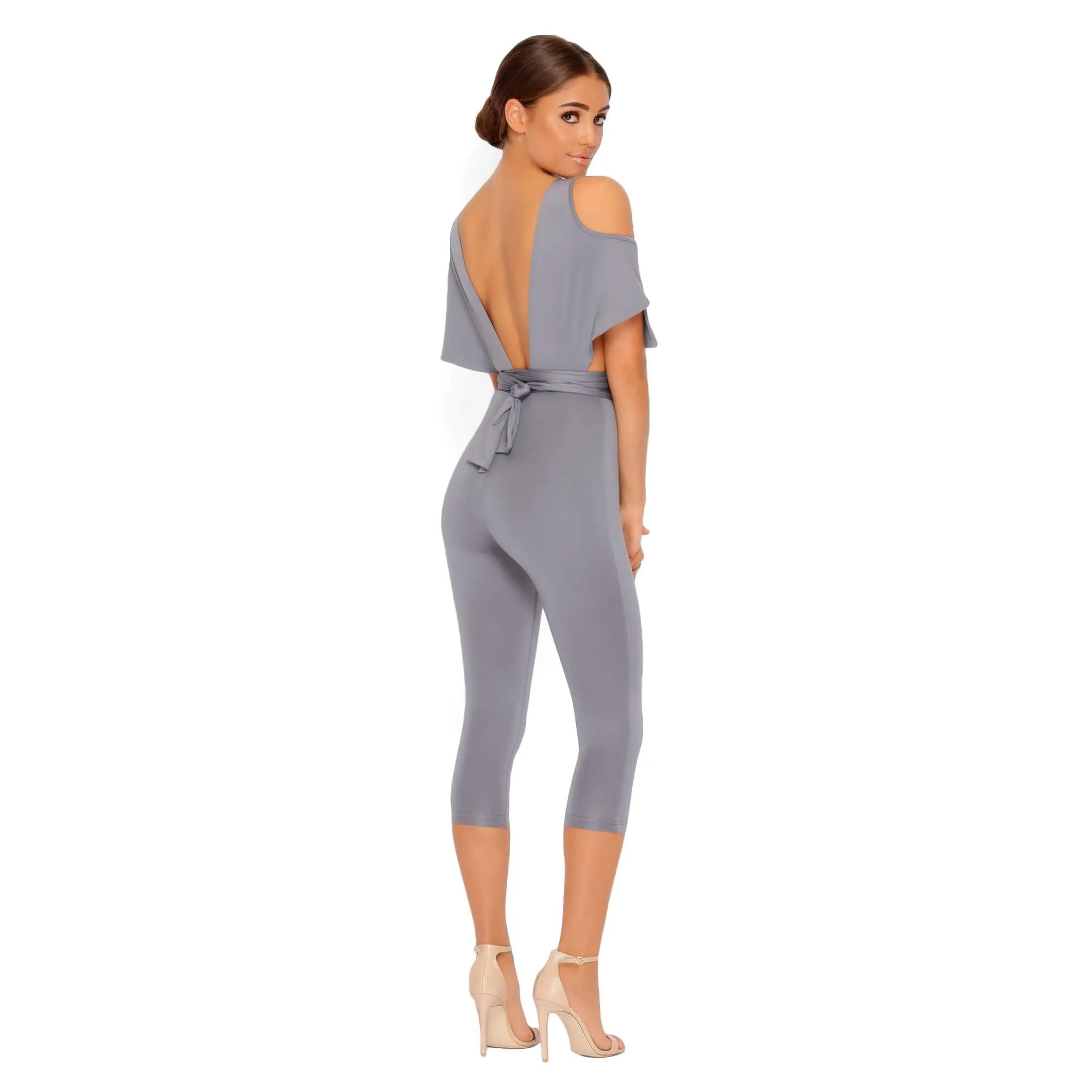 Take The Plunge Cold Shoulder Cropped Jumpsuit in Sharkskin Grey