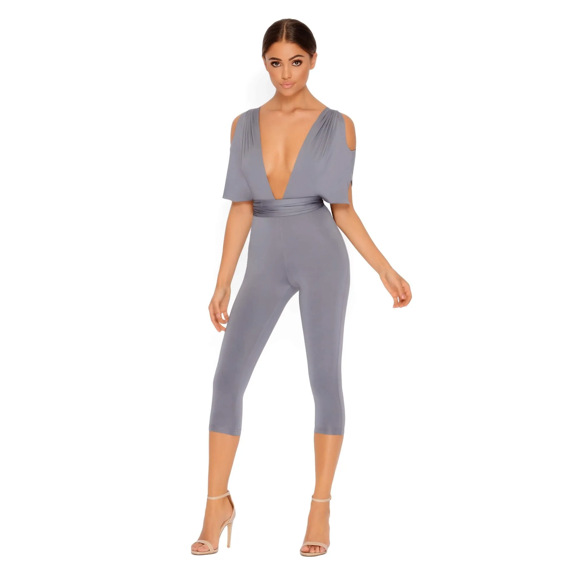 Take The Plunge Cold Shoulder Cropped Jumpsuit in Sharkskin Grey