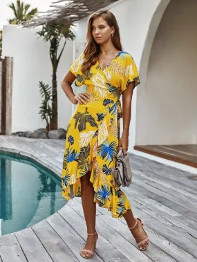 Tropical Print Knot Side Ruffle Wrap Dress