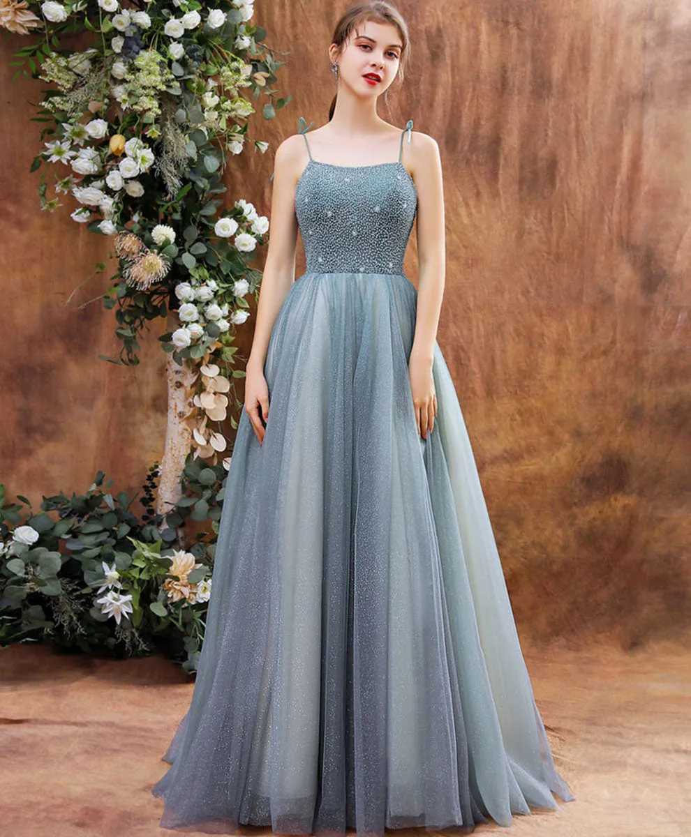 Unique Tulle Beads Long Green Prom Dress, Tulle Formal Dress