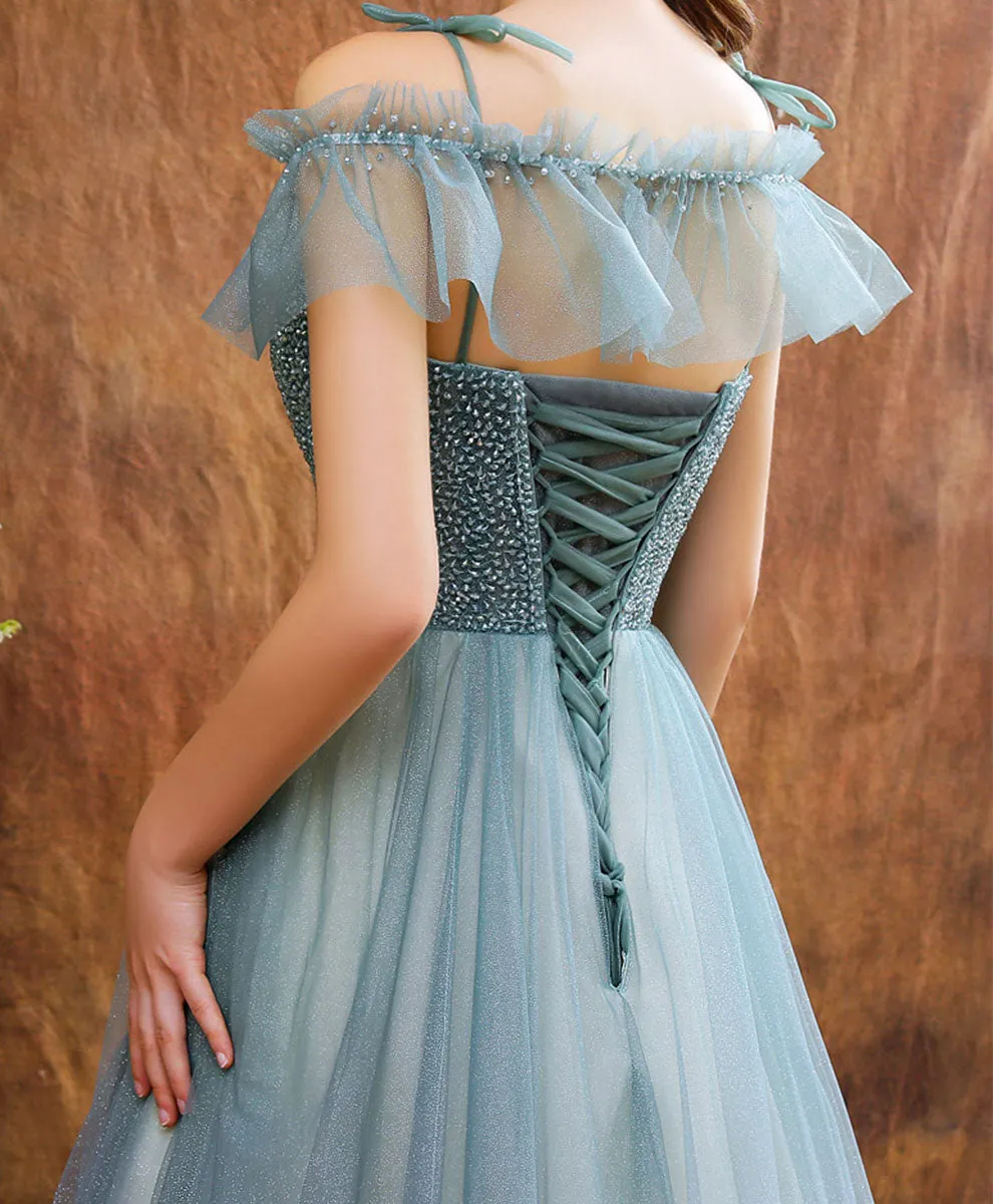 Unique Tulle Beads Long Green Prom Dress, Tulle Formal Dress