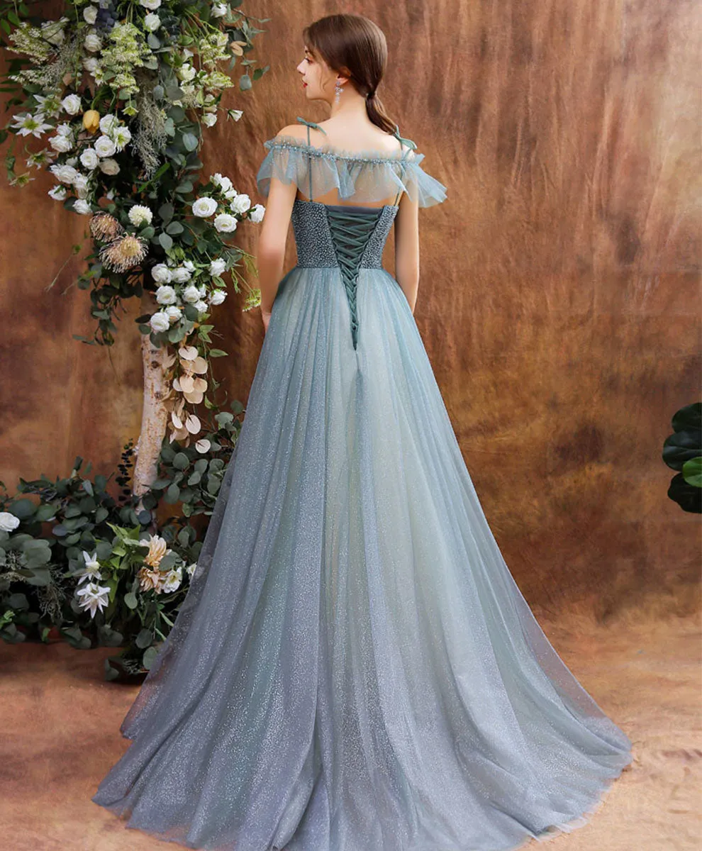 Unique Tulle Beads Long Green Prom Dress, Tulle Formal Dress