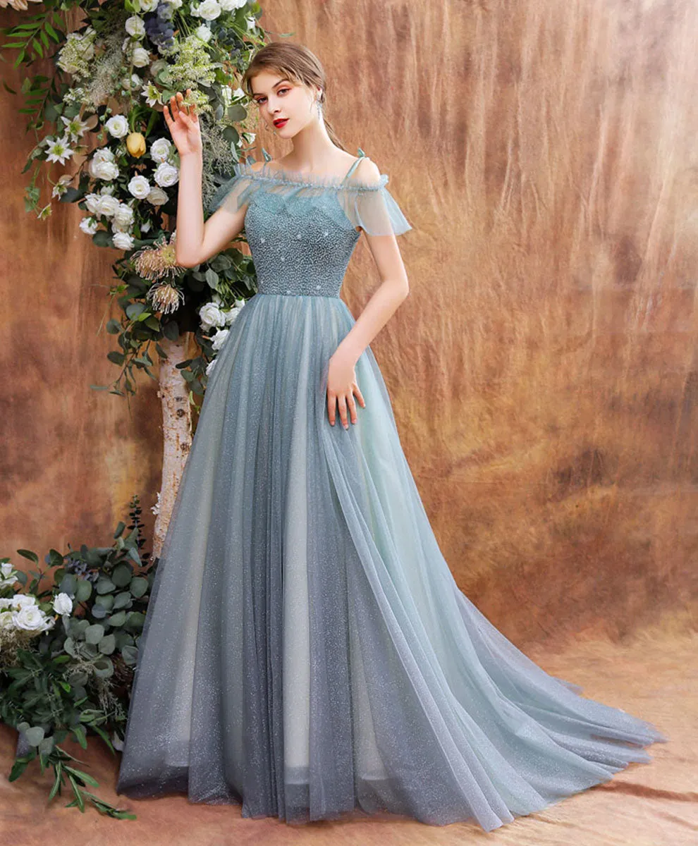 Unique Tulle Beads Long Green Prom Dress, Tulle Formal Dress