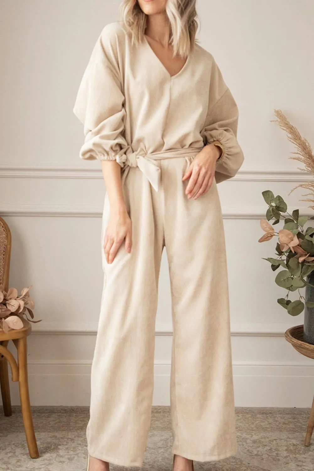 V-Neck Balloon Sleeve Wide Leg Jumpsuit