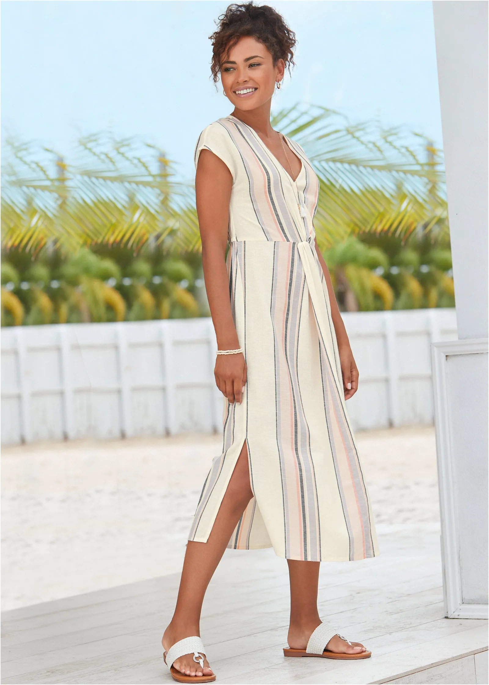 V-Neck Faux-Wrap Dress - White Multi