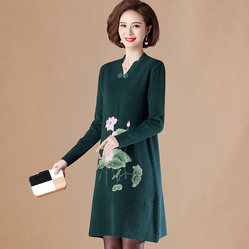 V Neck Floral Embroidery Long Sleeve Knee Length A-line Knit Dress