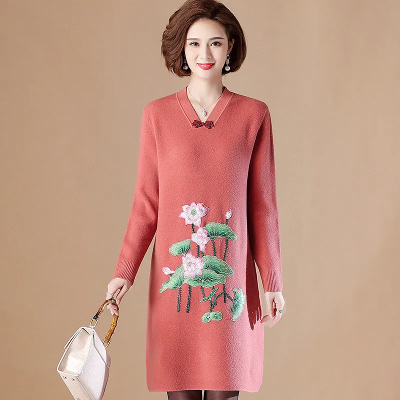 V Neck Floral Embroidery Long Sleeve Knee Length A-line Knit Dress