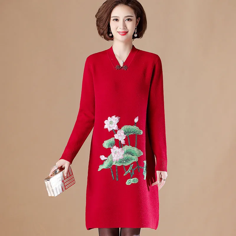 V Neck Floral Embroidery Long Sleeve Knee Length A-line Knit Dress