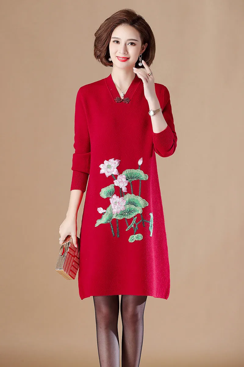 V Neck Floral Embroidery Long Sleeve Knee Length A-line Knit Dress