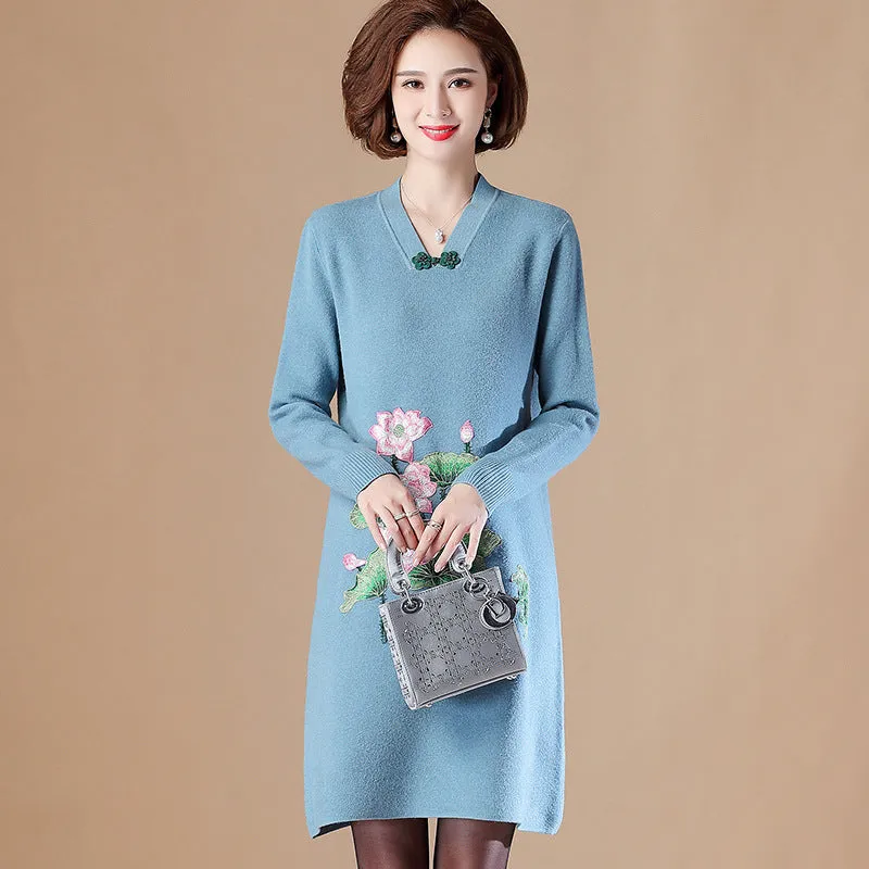 V Neck Floral Embroidery Long Sleeve Knee Length A-line Knit Dress