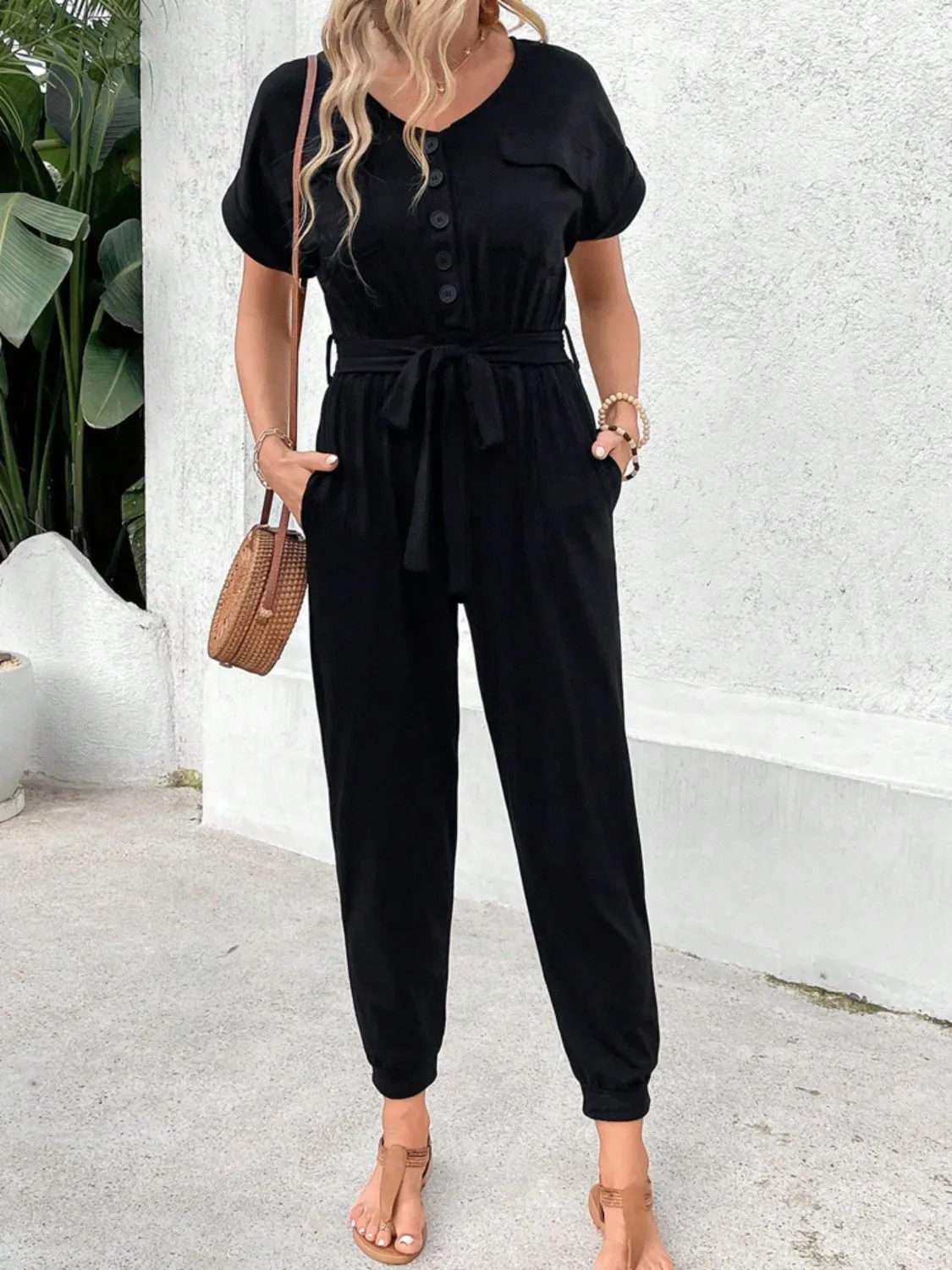 V-Neck Short Sleeve Jumpsuit