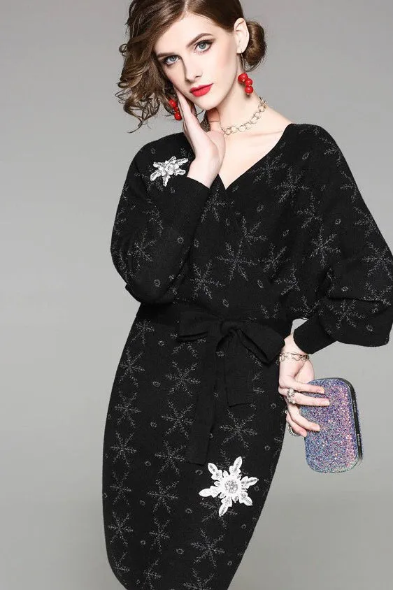 V Neck Snowflake Sweater Dress