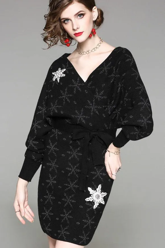 V Neck Snowflake Sweater Dress