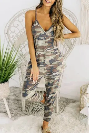 V Neck Spaghetti Straps Camouflage One Piece Jumpsuit