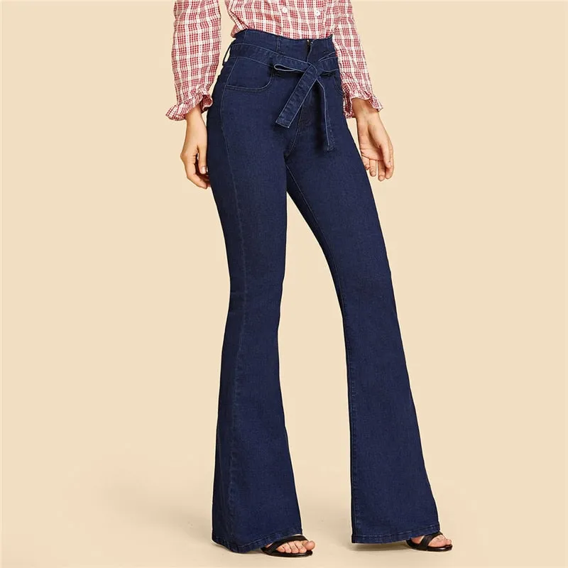 VenusFox Navy Tie Waist Flare Vintage High Waist Jeans