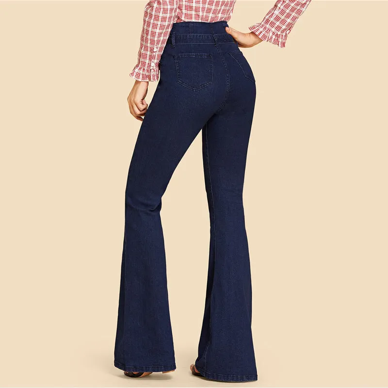 VenusFox Navy Tie Waist Flare Vintage High Waist Jeans