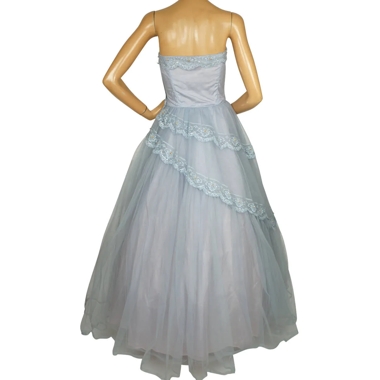 Vintage 50s Prom Dress Blue Tulle Ball Gown Size S