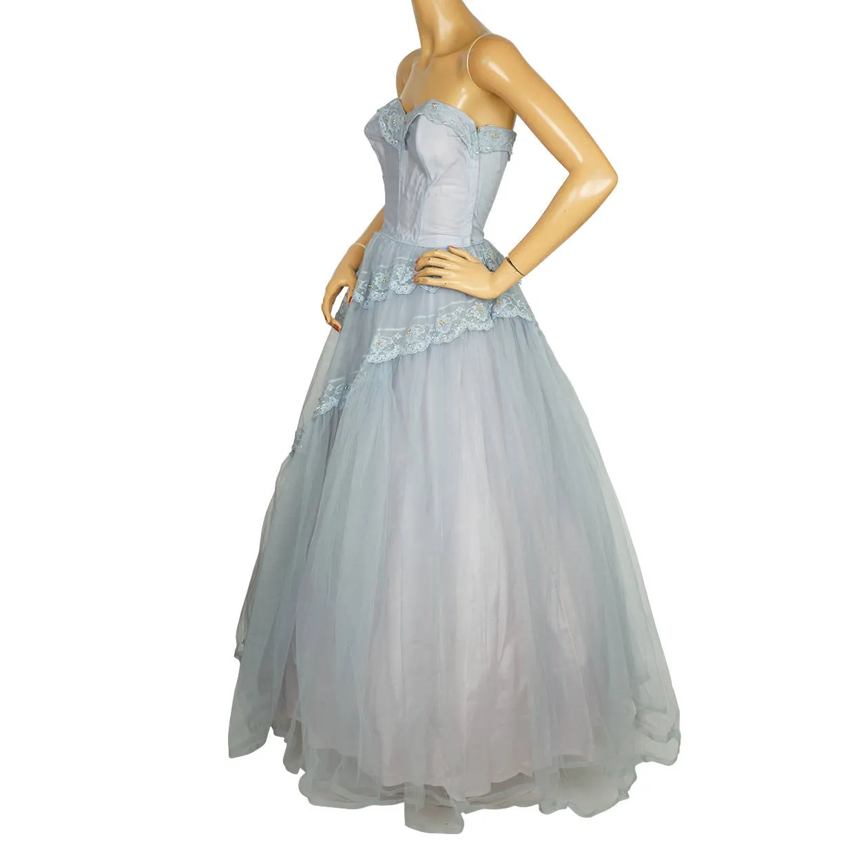 Vintage 50s Prom Dress Blue Tulle Ball Gown Size S