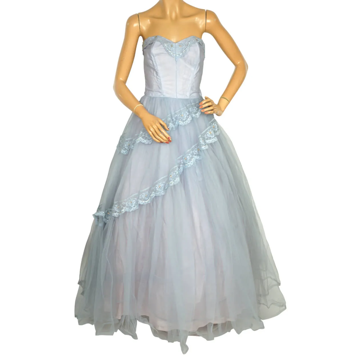 Vintage 50s Prom Dress Blue Tulle Ball Gown Size S