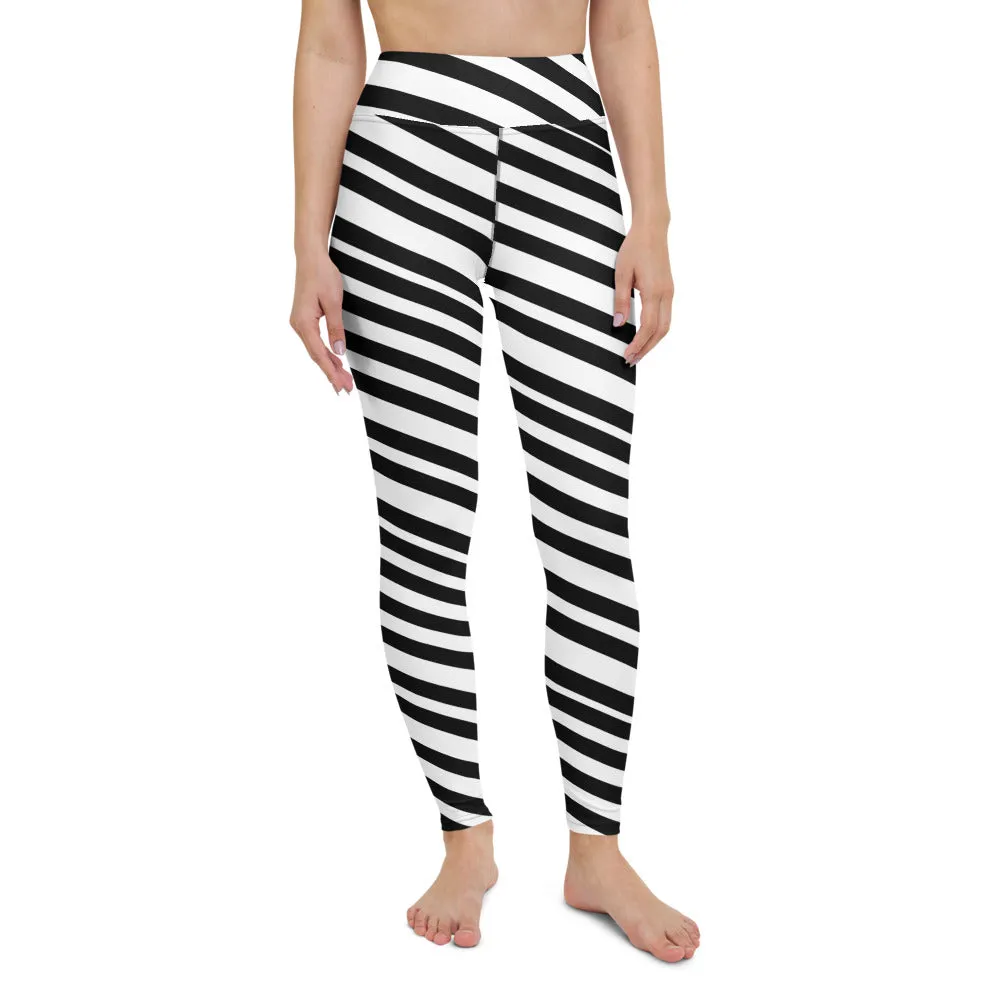 White Black Striped Yoga Leggings, Diagonal Stripes Women's Long Tights-Made in USA/EU/MX