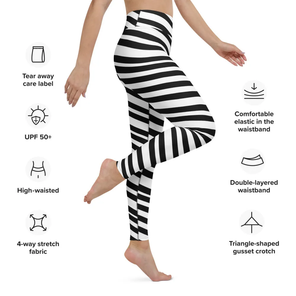 White Black Striped Yoga Leggings, Diagonal Stripes Women's Long Tights-Made in USA/EU/MX