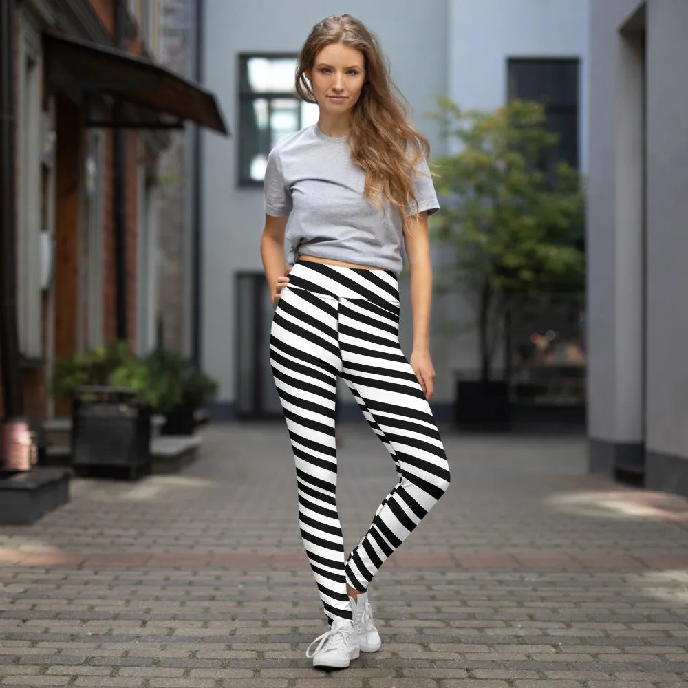 White Black Striped Yoga Leggings, Diagonal Stripes Women's Long Tights-Made in USA/EU/MX