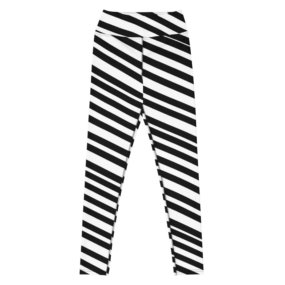 White Black Striped Yoga Leggings, Diagonal Stripes Women's Long Tights-Made in USA/EU/MX