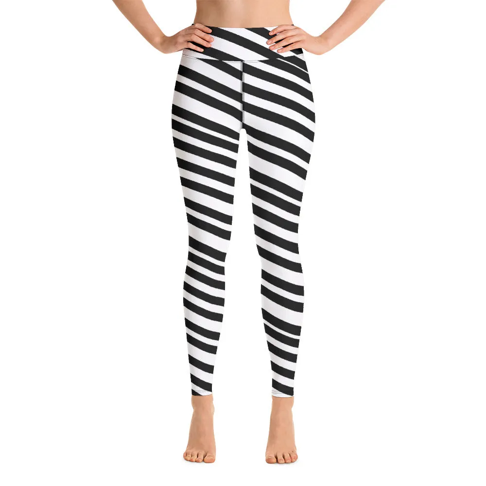 White Black Striped Yoga Leggings, Diagonal Stripes Women's Long Tights-Made in USA/EU/MX