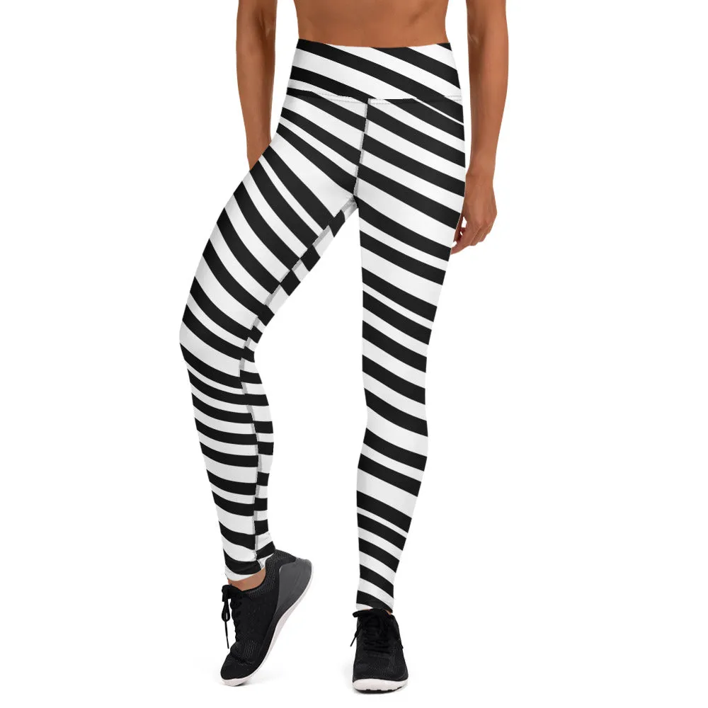 White Black Striped Yoga Leggings, Diagonal Stripes Women's Long Tights-Made in USA/EU/MX