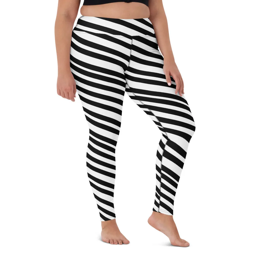 White Black Striped Yoga Leggings, Diagonal Stripes Women's Long Tights-Made in USA/EU/MX