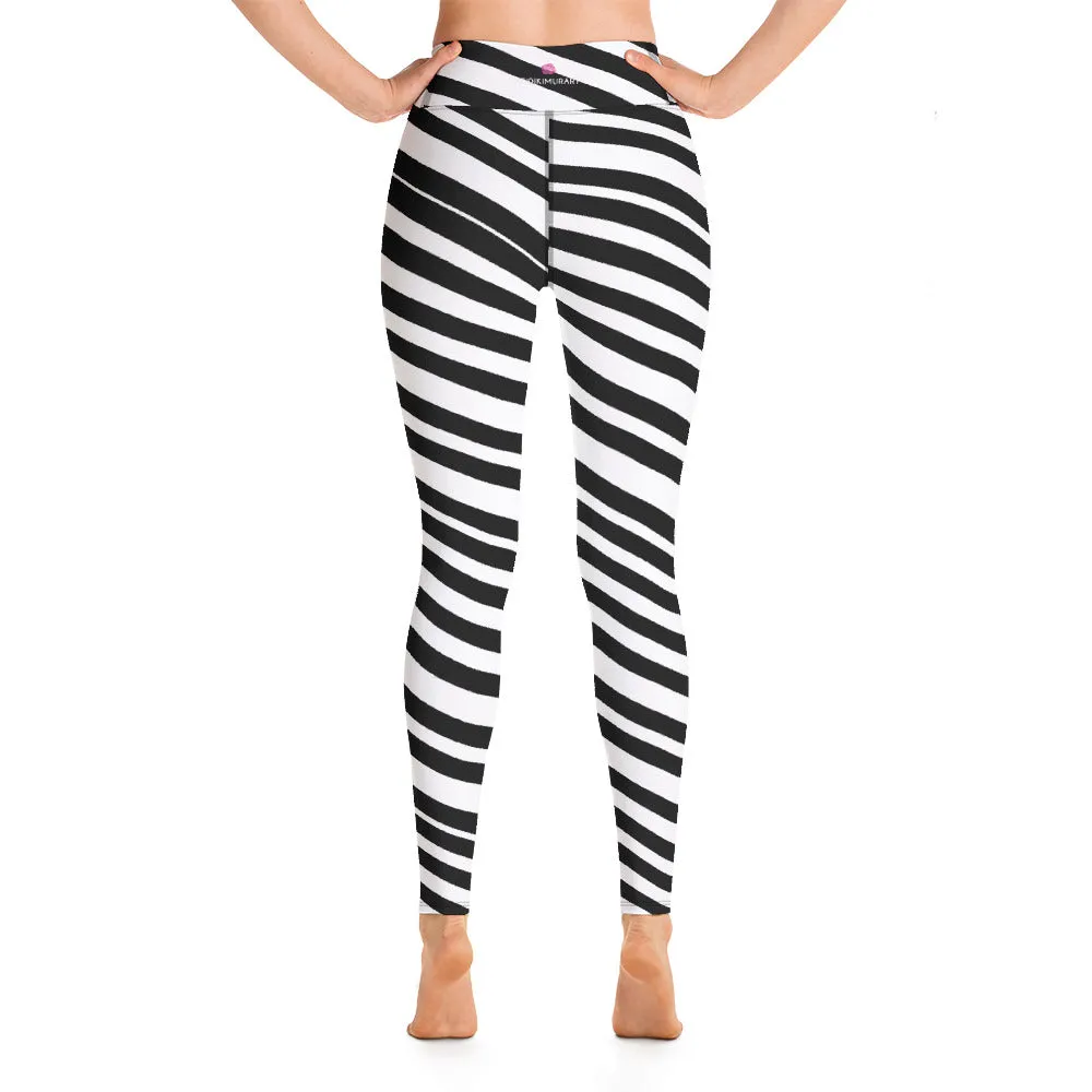 White Black Striped Yoga Leggings, Diagonal Stripes Women's Long Tights-Made in USA/EU/MX