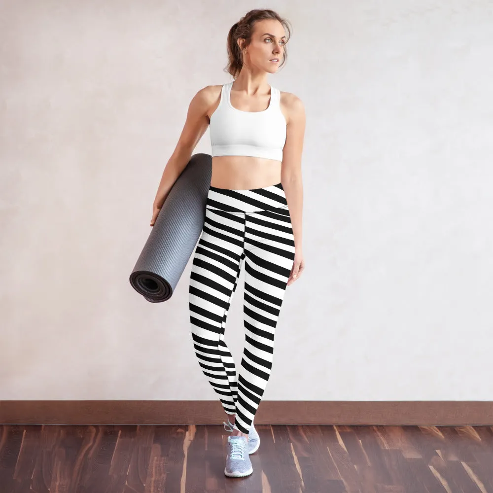 White Black Striped Yoga Leggings, Diagonal Stripes Women's Long Tights-Made in USA/EU/MX