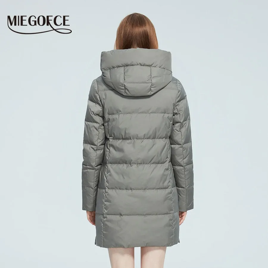 Winter Jacket Women's Stand Collar Hooded Cold Protection Windproof Lady Coat Big Pocket Mid-Length Parka