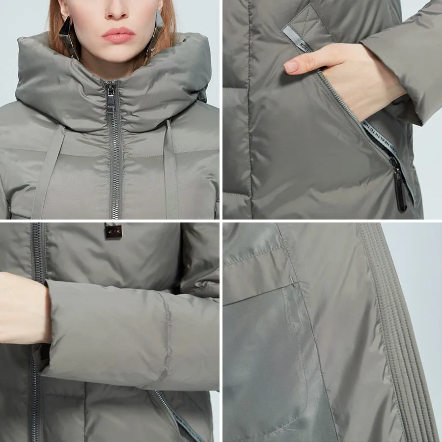 Winter Jacket Women's Stand Collar Hooded Cold Protection Windproof Lady Coat Big Pocket Mid-Length Parka