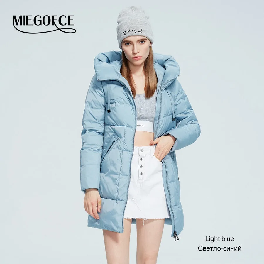 Winter Jacket Women's Stand Collar Hooded Cold Protection Windproof Lady Coat Big Pocket Mid-Length Parka