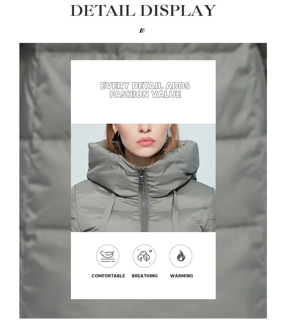 Winter Jacket Women's Stand Collar Hooded Cold Protection Windproof Lady Coat Big Pocket Mid-Length Parka