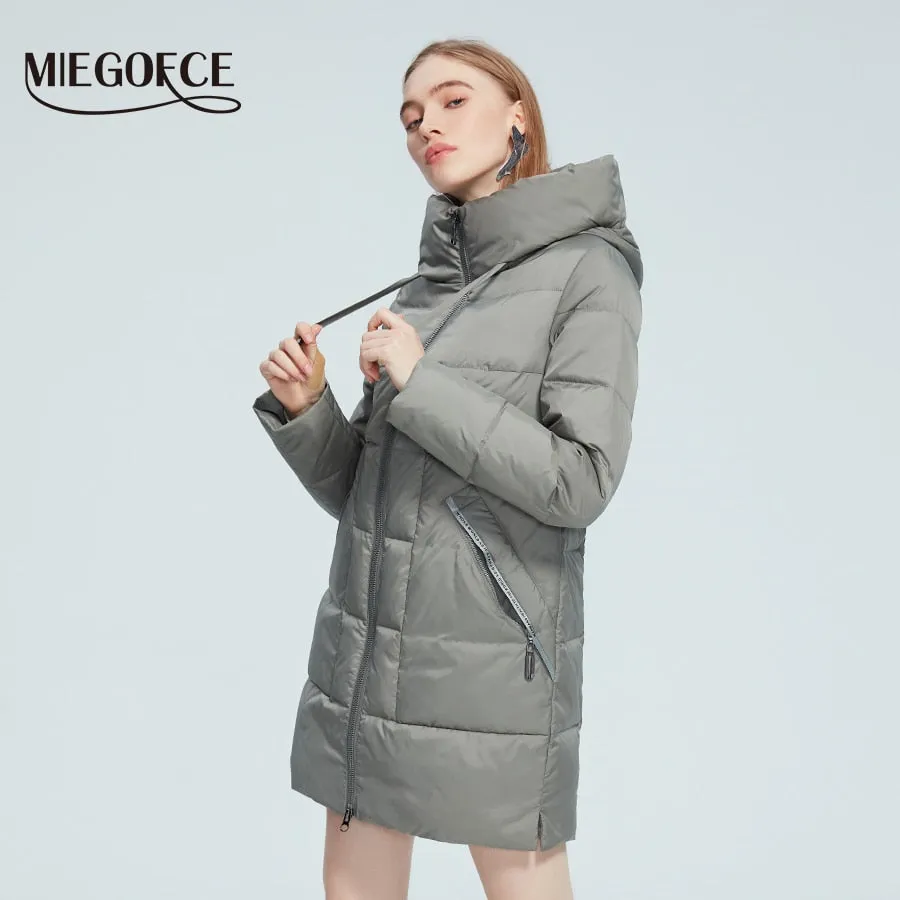 Winter Jacket Women's Stand Collar Hooded Cold Protection Windproof Lady Coat Big Pocket Mid-Length Parka