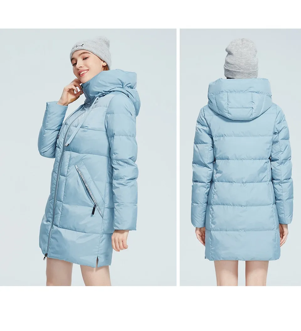 Winter Jacket Women's Stand Collar Hooded Cold Protection Windproof Lady Coat Big Pocket Mid-Length Parka