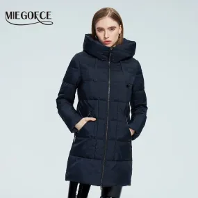 Winter Jacket Women's Stand Collar Hooded Cold Protection Windproof Lady Coat Big Pocket Mid-Length Parka