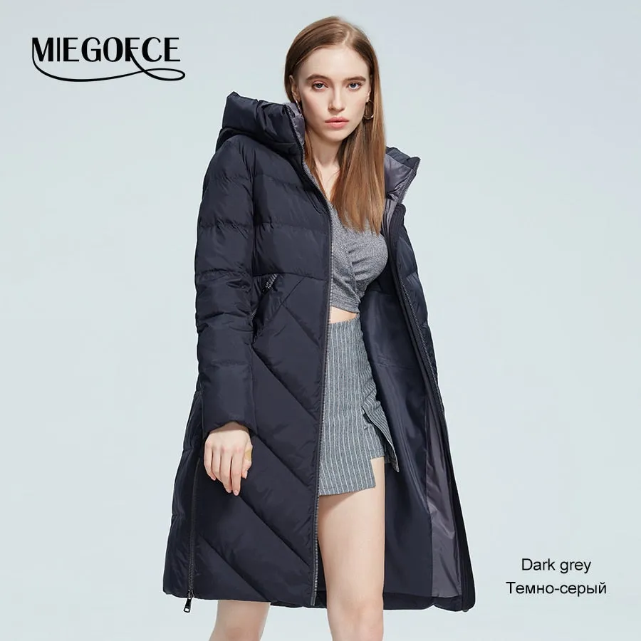 Winter Women Long Cotton Jacket Stand Collar Hooded Warm Windproof Coat Pockets Zipper Parka