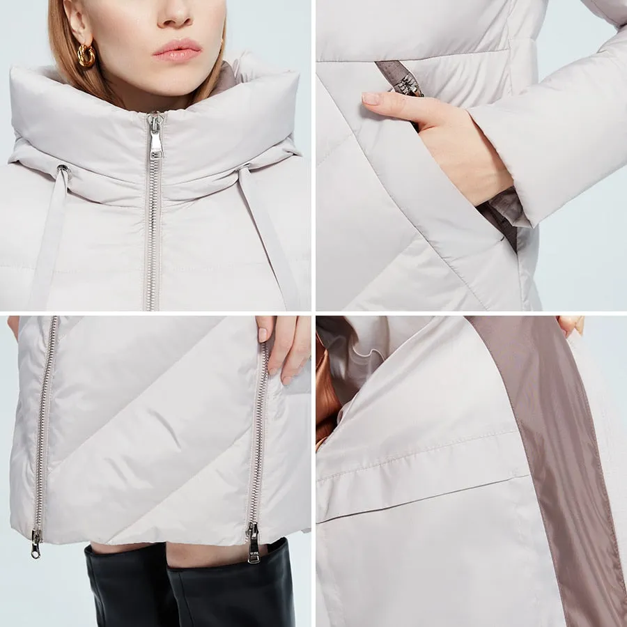 Winter Women Long Cotton Jacket Stand Collar Hooded Warm Windproof Coat Pockets Zipper Parka