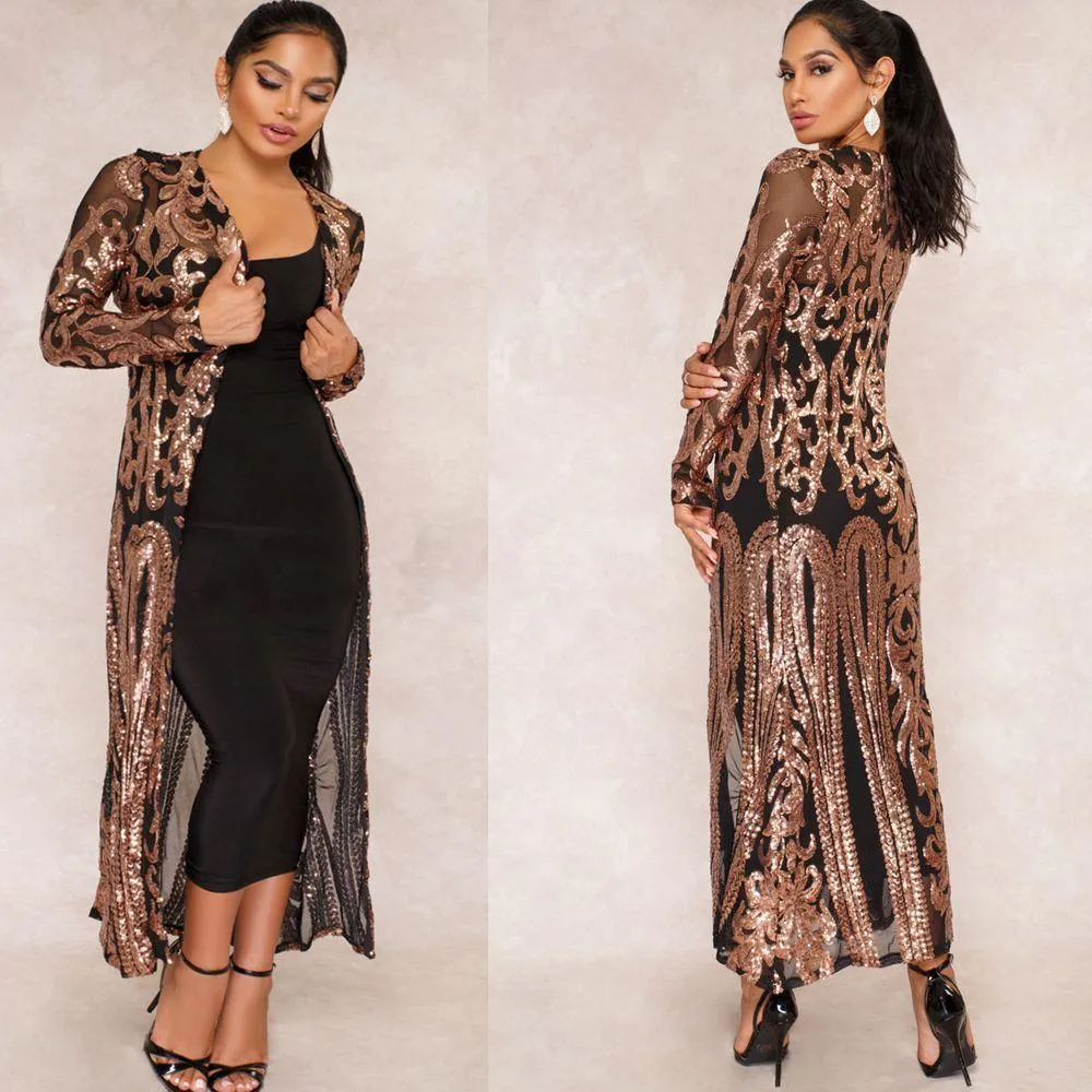 Women Long Coat, Lace Sequin Mesh Coat