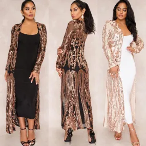 Women Long Coat, Lace Sequin Mesh Coat