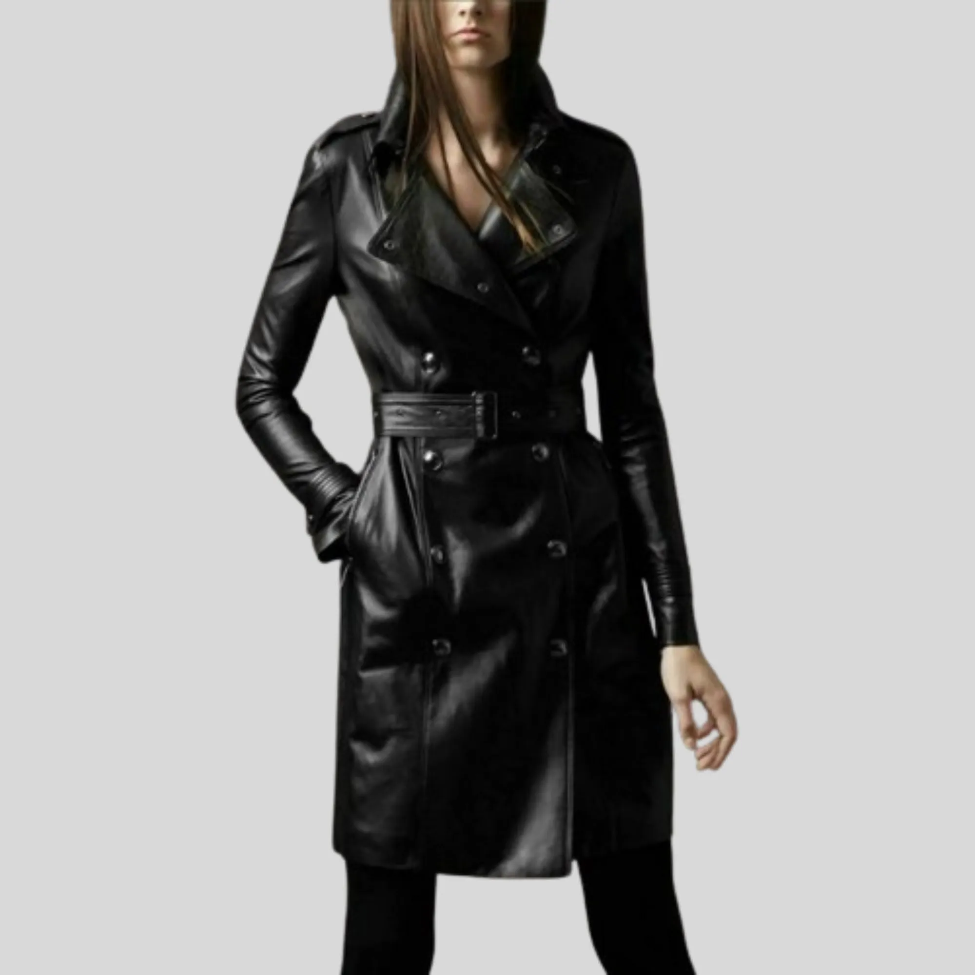 Women's Black Double Breasted Long Trench Belted Coat With Lapel Collar