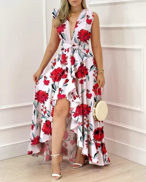 Women's High-waisted Red Stand Collar Printed Commuter Sleeveless Dress